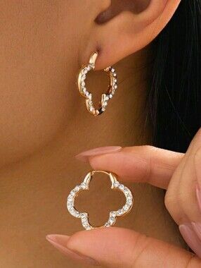 NEW! 14K Gold Plated Crystal Clover Huggie Hoop Earrings